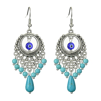 Resin Evil Eye & Synthetic Turquoise Beaded Long Drop Earrings, Tibetan Style Alloy Chandelier Earrings with Brass Pins, 64x24.5mm