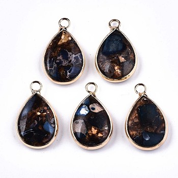 Teardrop Assembled Synthetic Bronzite and Regalite/Imperial Jasper Pendants, with Iron Loop and Brass Edge, Light Gold, Dyed, Blue, 22~23x14x5~6mm, Hole: 2mm