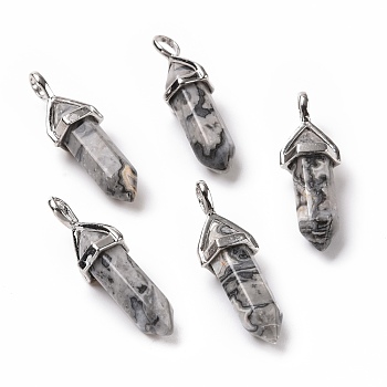 Natural Map Stone Pendants, Faceted, with Platinum Tone Brass Findings, Lead free & Cadmium Free, Bullet, 27~30x9~10x7~8mm, Hole: 4x3mm
