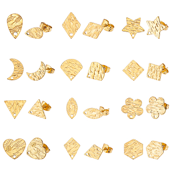 Elite 24Pcs 12 Style 304 Stainless Steel Stud Earring Findings, with Hole, Textured Mixed Shape, Golden, 10~12x6~12mm, Hole: 1mm, Pin: 0.7~0.8mm, 2pcs/style