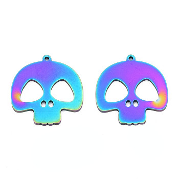 Ion Plating(IP) 201 Stainless Steel Pendants, Halloween Style, Skull, Rainbow Color, 26x25x1mm, Hole: 1.4mm