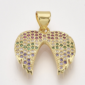 Brass Micro Pave Cubic Zirconia Pendants, Wing, Colorful, Golden, 16x18x2mm, Hole: 4x3mm