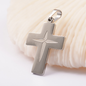 304 Stainless Steel Pendants, Cross, Stainless Steel Color, 34.5x24x2mm, Hole: 4.5x6.5mm