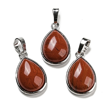 Natural Red Jasper Pendants, Teardrop Charms with Platinum Plated Brass Snap on Bails, 24x15x7.5mm, Hole: 4x8mm