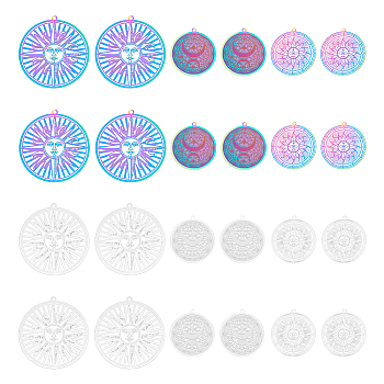 24Pcs 6 Style Ion Plating(IP) 201 & 304 Stainless Steel Filigree Pendants, Etched Metal Embellishments, Flat Round with Sun & Moon, Mixed Color, 32.5x30x0.3mm, Hole: 1.6mm, 4pcs/style