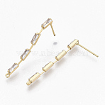 Brass Clear Cubic Zirconia Stud Earring Findings, for Half Drilled Beads, with Loop, Nickel Free, Rectangle, Real 18K Gold Plated, 32.5x2mm, Hole: 1.2mm, Pin: 0.7mm(KK-N232-13-NF)
