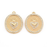 Brass Micro Pave Clear Cubic Zirconia Pendants, Nickel Free, Oval with Sacred Heart, Real 18K Gold Plated, 23x12.5x2.5mm, Hole: 1.6mm(KK-S356-477-NF)