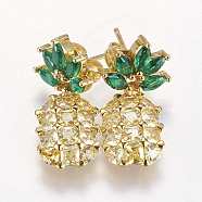 Brass Dangle Stud Earrings, with Cubic Zirconia, Pineapple, Long-Lasting Plated, Golden, 25x12x4mm, Pin: 0.8mm(EJEW-K058-02G)