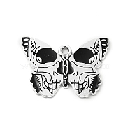 Halloween Alloy Enamel Pendants, Butterfly with Skull Charm, Platinum, Black, 20x28x1mm, Hole: 2mm(ENAM-I053-C02)