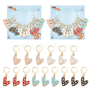 Heart Alloy Enamel with ABS Imitation Pearl Pendant Stitch Markers, Crochet Leverback Hoop Charms, Locking Stitch Marker with Wine Glass Charm Ring, Mixed Color, 3.5cm, 5 colors, 3pcs/color, 15pcs/set(HJEW-AB00446)