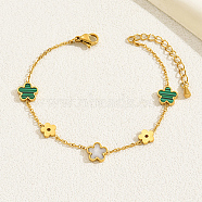 Shell Flower Link Chain Bracelets, Real 18K Gold Plated Stainless Steel Chains Bracelets for Women, Green, 6-1/4 inch(16cm)(SJ0014)