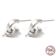 Rhodium Plated 925 Sterling Silver Stud Earring Findings, C-shape Half Hoop Earring, Dangle Earring, for Half Drilled Beads, with 925 Stamp, Real Platinum Plated, 15x6x1.5mm, Pin: 0.7mm(STER-M114-19P)