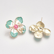 Alloy Enamel Stud Earrings, with Steel Pins, Flower, Light Gold, 28x28mm, Pin: 0.8mm(X-PALLOY-T070-42)