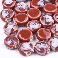 Handmade Porcelain Beads, Fancy Antique Glazed Porcelain, Flat Round, Red, 10~11x10.5~11x5~5.5mm, Hole: 1.5~2mm(PORC-S498-39G)