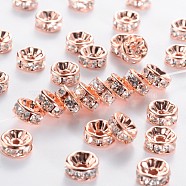 Brass Rhinestone Spacer Beads, Grade AAA, Straight Flange, Nickel Free, Rose Gold Metal Color, Rondelle, Crystal, 8x3.8mm, Hole: 1.5mm(RB-A014-Z8mm-01RG-NF)