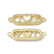 Rack Plating Brass Micro Pave Clear Cubic Zirconia Connector Charms, with Enamel, Cadmium Free & Lead Free, Oval with Heart Links, Real 18K Gold Plated, White, 8.5x27x2.5mm, Hole: 1.5mm(ZIRC-I061-02G-01)