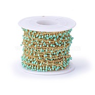 Handmade Enamel Beaded Chains, with Brass Curb Chains, Soldered, with Spool, Long-Lasting Plated, Real 18K Gold Plated, Aquamarine, 5.5x1.5~2mm, about 32.8 Feet(10m)/roll(CHC-P007-D10)