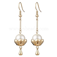 304 Stainless Steel Lotus Dangle Earrings, Shell Pearl Long Drop Earrings, Golden, 53x12mm(EJEW-TA00414)