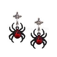 Punk Rock Black Spider Alloy Stud Earrings, with Red Glass, Platinum, 33x22mm(EO6415-1)