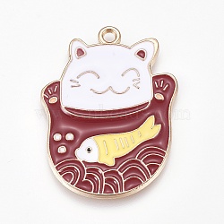 Alloy Enamel Kitten Pendants, Maneki Neko/Beckoning Cat with Fish Shape, Golden, Brown, 37x27.5x1.5mm, Hole: 2.3mm(X-ENAM-O035-04G)