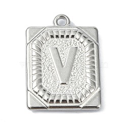 Anti-Tarnish 304 Stainless Steel Pendants, Rectangle with Letter Charm, Letter V, 24.5x18x3mm, Hole: 1.8mm(STAS-U033-01P-V)