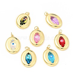 Rack Plating Brass Cubic Zirconia Pendants, with Enamel, Long-Lasting Plated, Lead Free & Cadmium Free & Nickel Freel, Real 18K Gold Plated, Oval with Evil Eye, Mixed Color, 26x18x5mm, Hole: 3mm, Jump Ring: 5x1mm, 3mm Inner Diameter(KK-E015-10G)