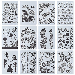 Gorgecraft 12Pcs 12 Style Plastic Drawing Stencil, Hollow Hand Accounts Ruler Template, For DIY Scrapbooking, Plants/Butterfly/Alphabet/Fairy Pattern, Mixed Patterns, 262x176mm, 1pc/style(DIY-GF0006-88)