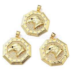 Brass with Cubic Zirconia Pendants, Long-Lasting Plated, Lead Free & Cadmium Free, Octagon with Eagle, Real 18K Gold Plated, 35x32x6.3mm, Hole: 4x5mm(KK-K341-36G)