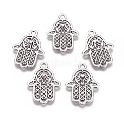 Tibetan Style Filigree Alloy Pendants, Hamsa Hand/Hand of Fatima/Hand of Miriam, Cadmium Free & Nickel Free & Lead Free, Antique Silver, 28x20x1mm, Hole: 3mm(TIBEP-5262-AS-FF)