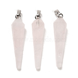 Natural Rose Quartz Pointed Pendants, Faceted Cone Charms with Platinum Plated Barss Snap on Bails, 35~35.5x8~8.5mm, Hole: 6.5x4mm(G-D089-01P-06)