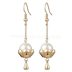 304 Stainless Steel Lotus Dangle Earrings, Shell Pearl Long Drop Earrings, Golden, 53x12mm(EJEW-TA00414)