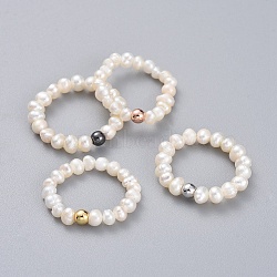 Natural Cultured Freshwater Pearl Finger Rings, with Brass Round Beads and Elastic Crystal Thread, Mixed Color, Size 6, 16mm(RJEW-JR00295)