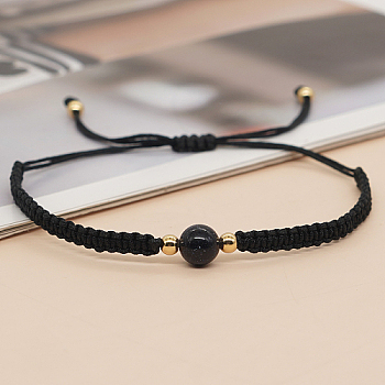 Synthetic Blue Goldstone Round Braided Bead Bracelet, Black Adjustable Bracelet, Bead: 8mm