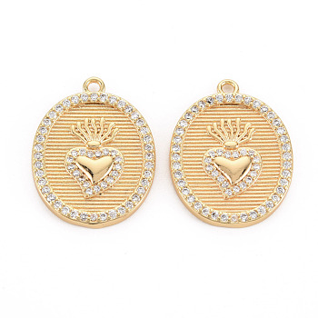 Brass Micro Pave Clear Cubic Zirconia Pendants, Nickel Free, Oval with Sacred Heart, Real 18K Gold Plated, 23x12.5x2.5mm, Hole: 1.6mm