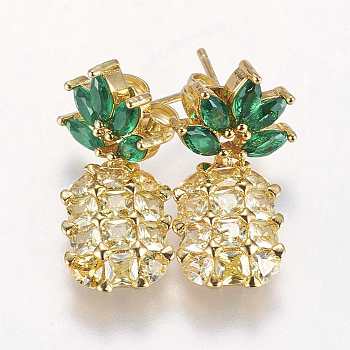 Brass Dangle Stud Earrings, with Cubic Zirconia, Pineapple, Long-Lasting Plated, Golden, 25x12x4mm, Pin: 0.8mm
