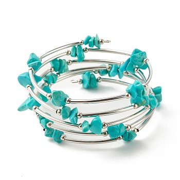5-Loop Synthetic Turquoise(Dyed) Chip Beaded Wrap Bracelets for Women, Steel Memory Wire Bracelet, Platinum, Inner Diameter: 2-1/8 inch(5.45cm)