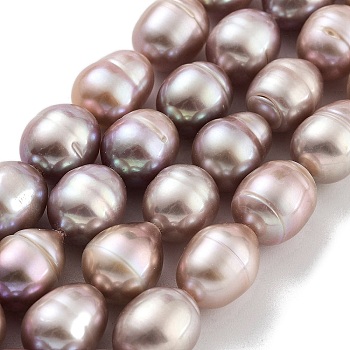 Natural Cultured Freshwater Pearl Beads Strands , Grade 3A, Rice, Rosy Brown, 9~10mm, Hole: 0.6mm, about 19pcs/strand, 6.69~6.89''(17~17.5cm)