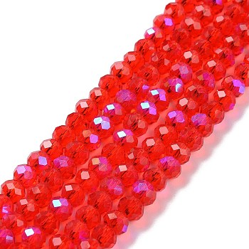 Electroplate Glass Beads Strands, Half Rainbow Plated, Faceted, Rondelle, Red, 6x5mm, Hole: 1mm, about 85~88pcs/strand, 16.1~16.5 inch(41~42cm)