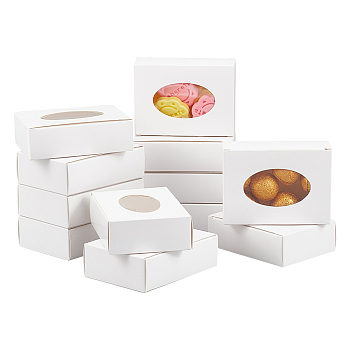 Rectangle Folding Paper Storage Boxes, Gift Case with Oval Visible PVC Window, White, 9.5x7x2.8cm, window: 60x35mm