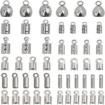Stainless Steel Cord Ends, End Caps and Folding Crimp End, Stainless Steel Color, 6pcs/style, 12styles/box