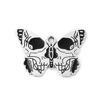 Halloween Alloy Enamel Pendants, Butterfly with Skull Charm, Platinum, Black, 20x28x1mm, Hole: 2mm
