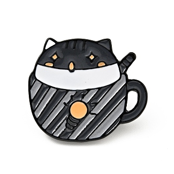 Coffee Cup Cat Enamel Pin, Electrophoresis Black Plated Alloy Badge for Backpack Clothes, Black, 21x24.5x1.6mm