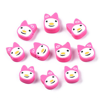 Handmade Polymer Clay Beads, Rabbit, Hot Pink, 9~12x8~9x4mm, Hole: 1.5mm