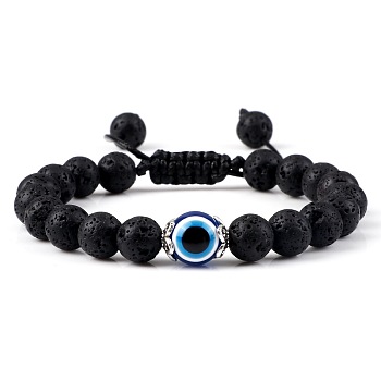 Evil Eye Beaded Bracelets, Round Natural Lava Rock Adjustable Bracelets for Women