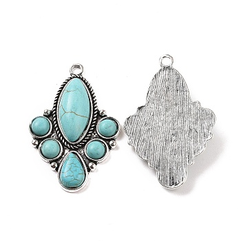 Alloy Pendants, with Synthetic Turquoise, Flower Charms, Antique Silver, 45x30x6.5mm, Hole: 2.5mm