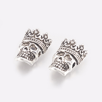 Tibetan Style Alloy Beads, Skull with Crown, Antique Silver, 16x12x6mm, Hole: 2mm