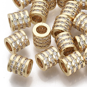 Brass Micro Pave Cubic Zirconia European Beads, Large Hole Beads, Nickel Free, Column, Clear, Real 18K Gold Plated, 6.5x6mm, Hole: 3.5mm