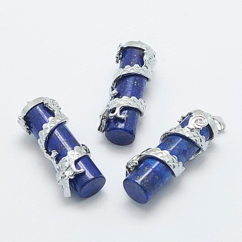 Natural Lapis Lazuli Pendants, with Brass Findings, Column with Dragon, Platinum, 40.5~41.5x14x15mm, Hole: 3.5x5mm
