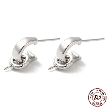 Rhodium Plated 925 Sterling Silver Stud Earring Findings, C-shape Half Hoop Earring, Dangle Earring, for Half Drilled Beads, with 925 Stamp, Real Platinum Plated, 15x6x1.5mm, Pin: 0.7mm