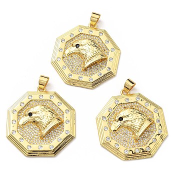 Brass with Cubic Zirconia Pendants, Long-Lasting Plated, Lead Free & Cadmium Free, Octagon with Eagle, Real 18K Gold Plated, 35x32x6.3mm, Hole: 4x5mm